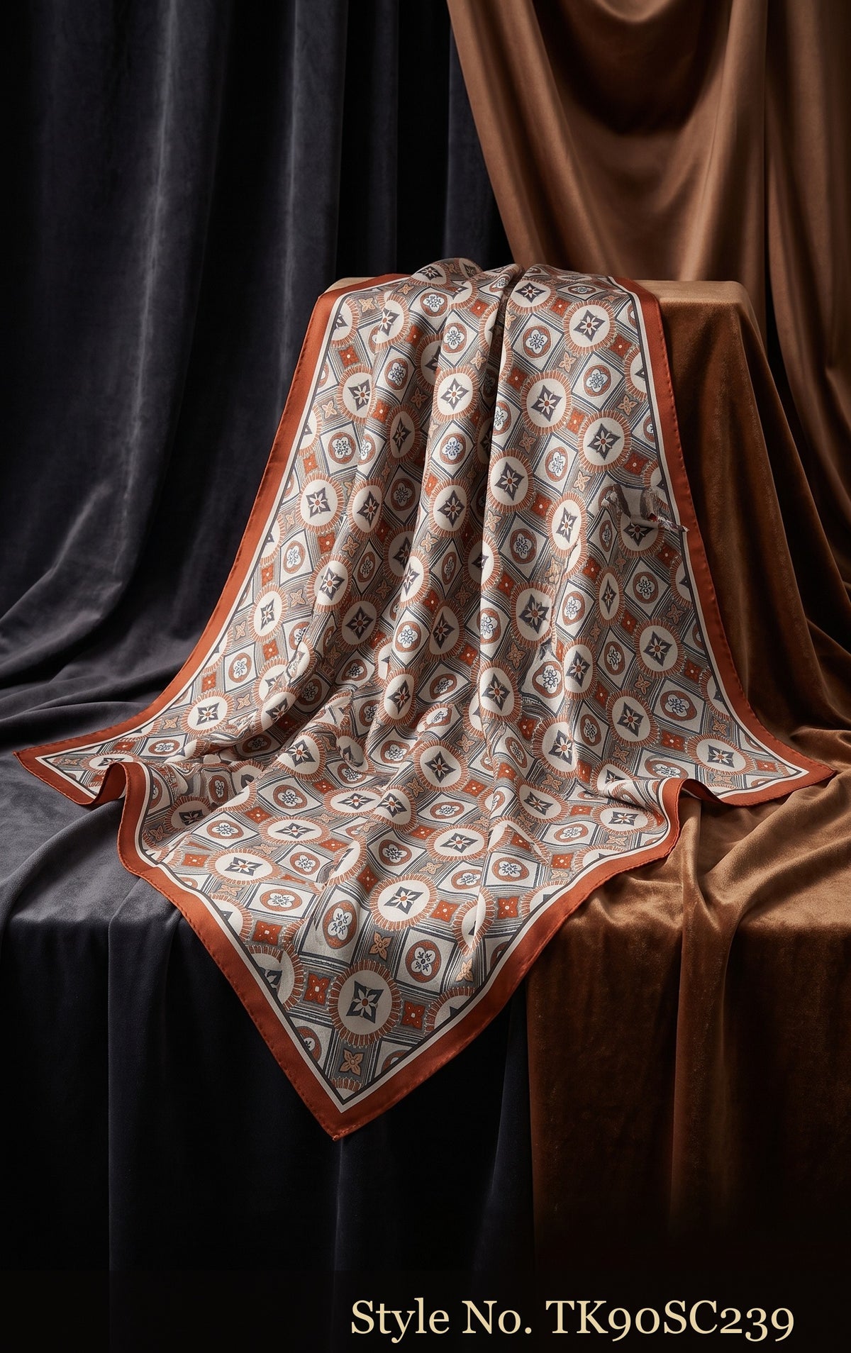 Ivory and Tan Scarf with Repeating Linked Medallions – TK90SC239