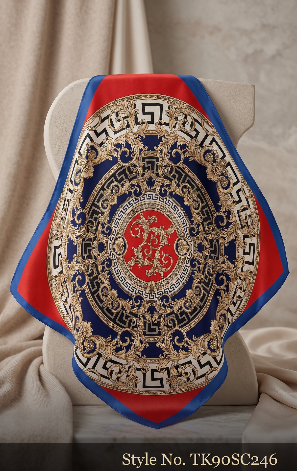 Blue and Red Scarf with Gold Medallion and Key Border – TK90SC246