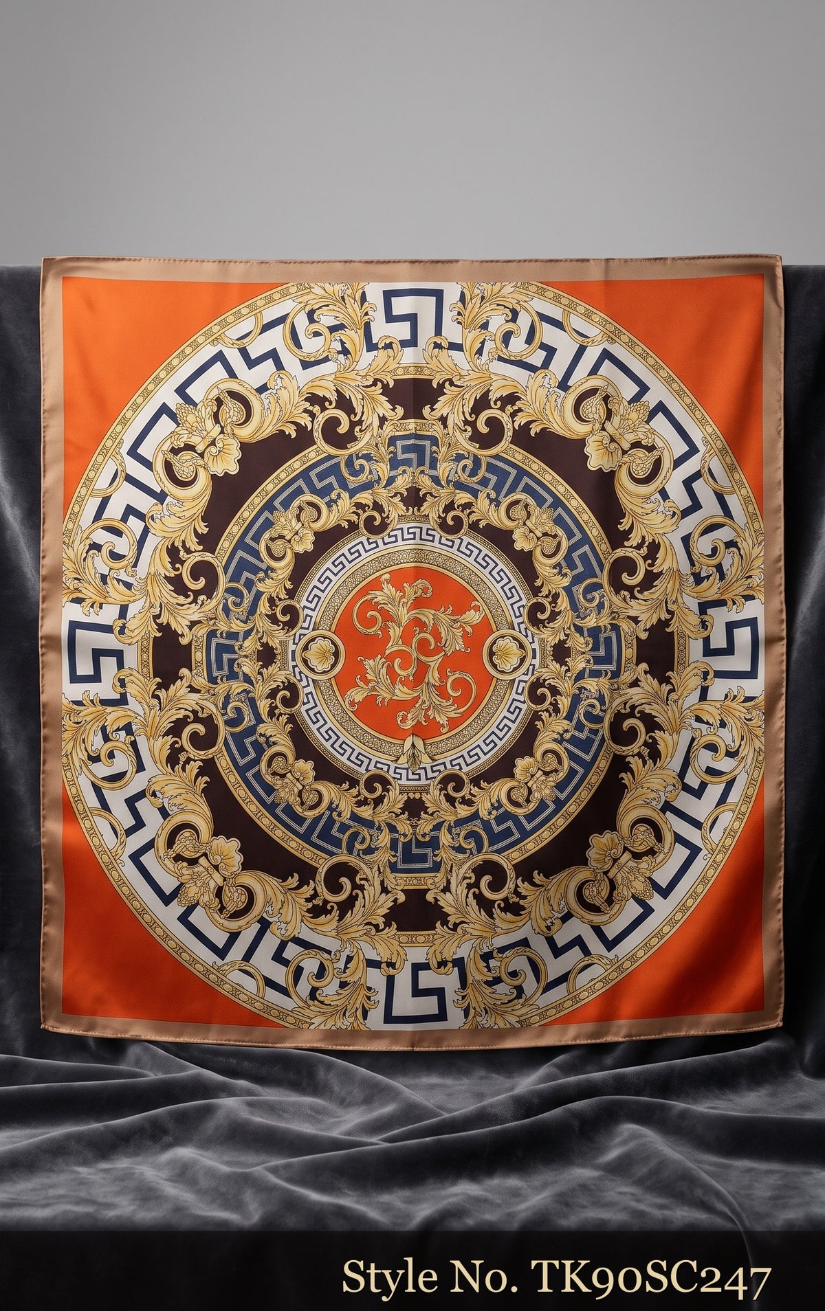 Blue and Orange Scarf with Circular Medallion Border – TK90SC247