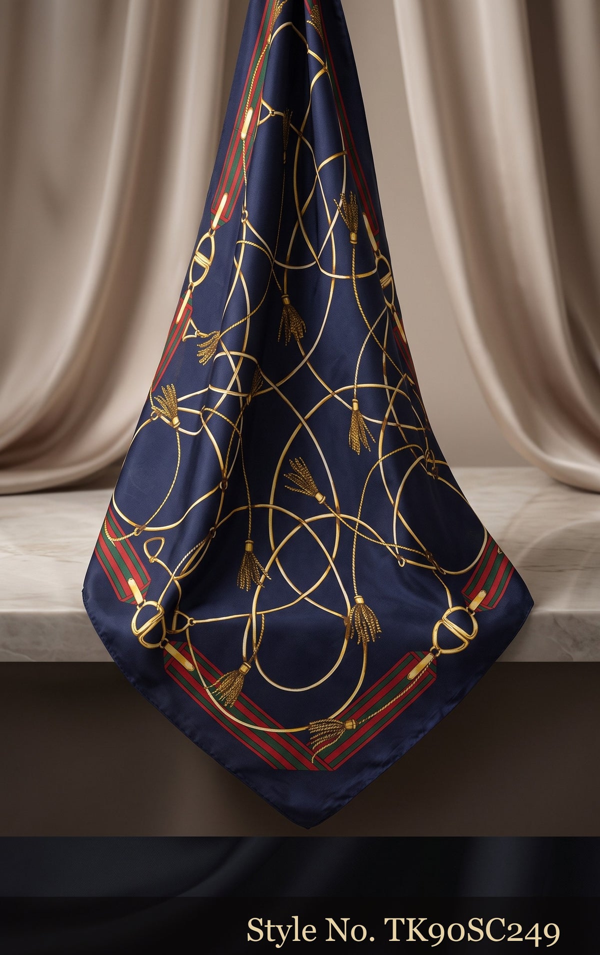 Navy Scarf with Gold Chain and Rope Motifs – TK90SC249