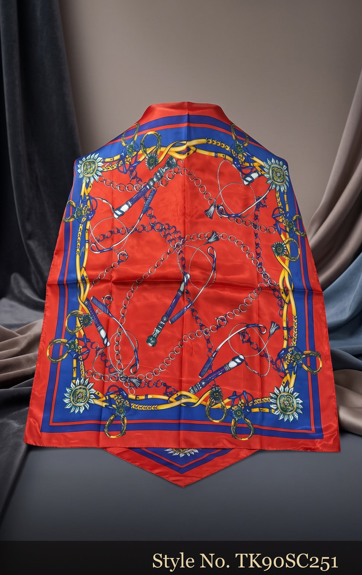 Red Scarf with Blue Border and Gold Ornamental Medallion – TK90SC251