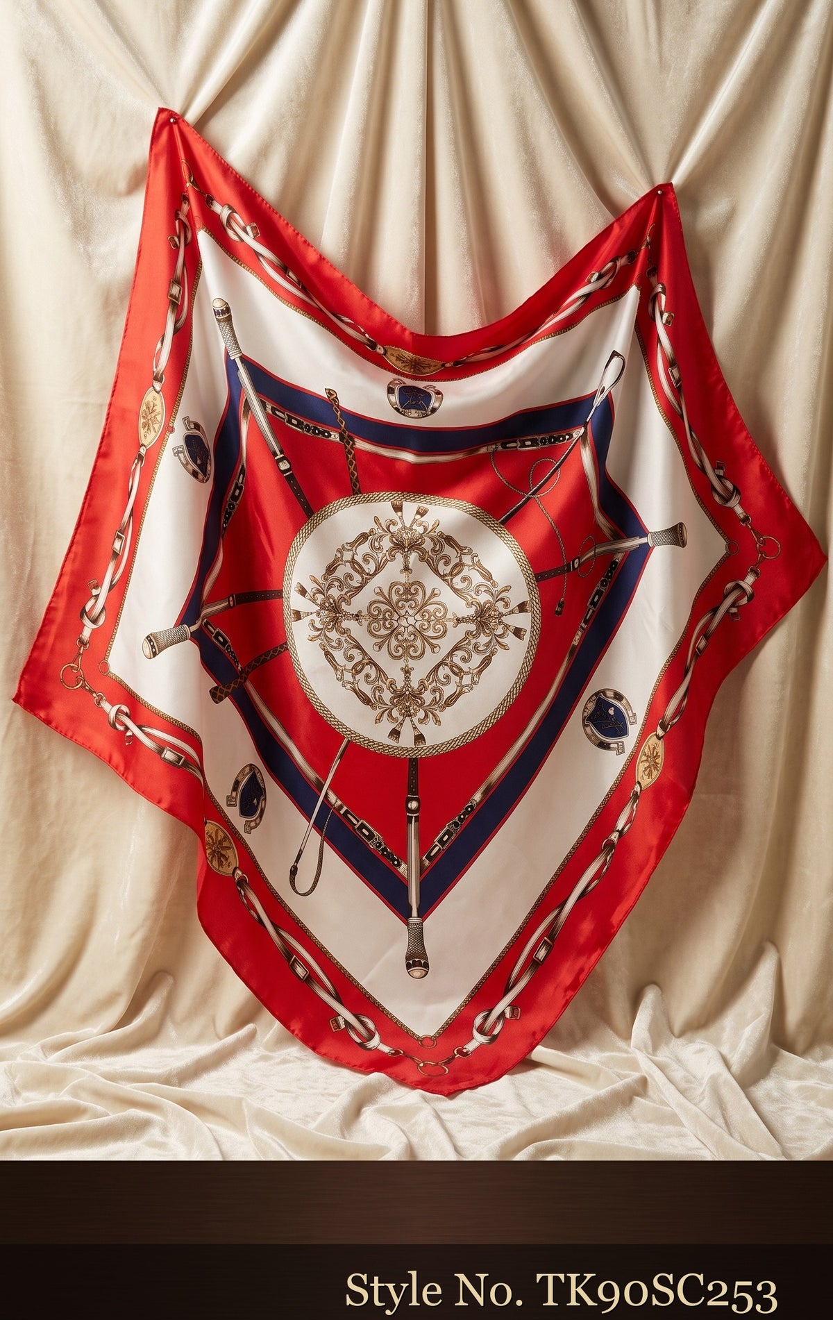 Red, Ivory and Navy Scarf with Compass Medallion – TK90SC253