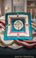 Ivory Scarf with Blue Compass Medallion and Aqua Border – TK90SC254