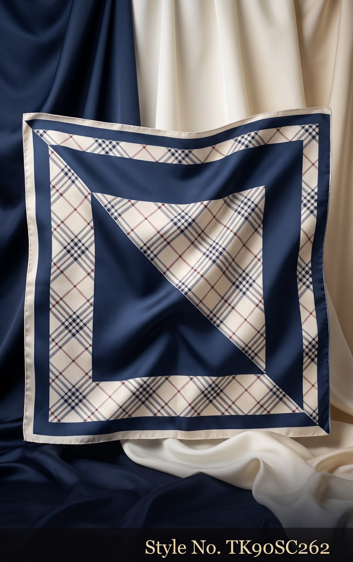 Navy and Ivory Scarf with Geometric Plaid Panels – TK90SC262