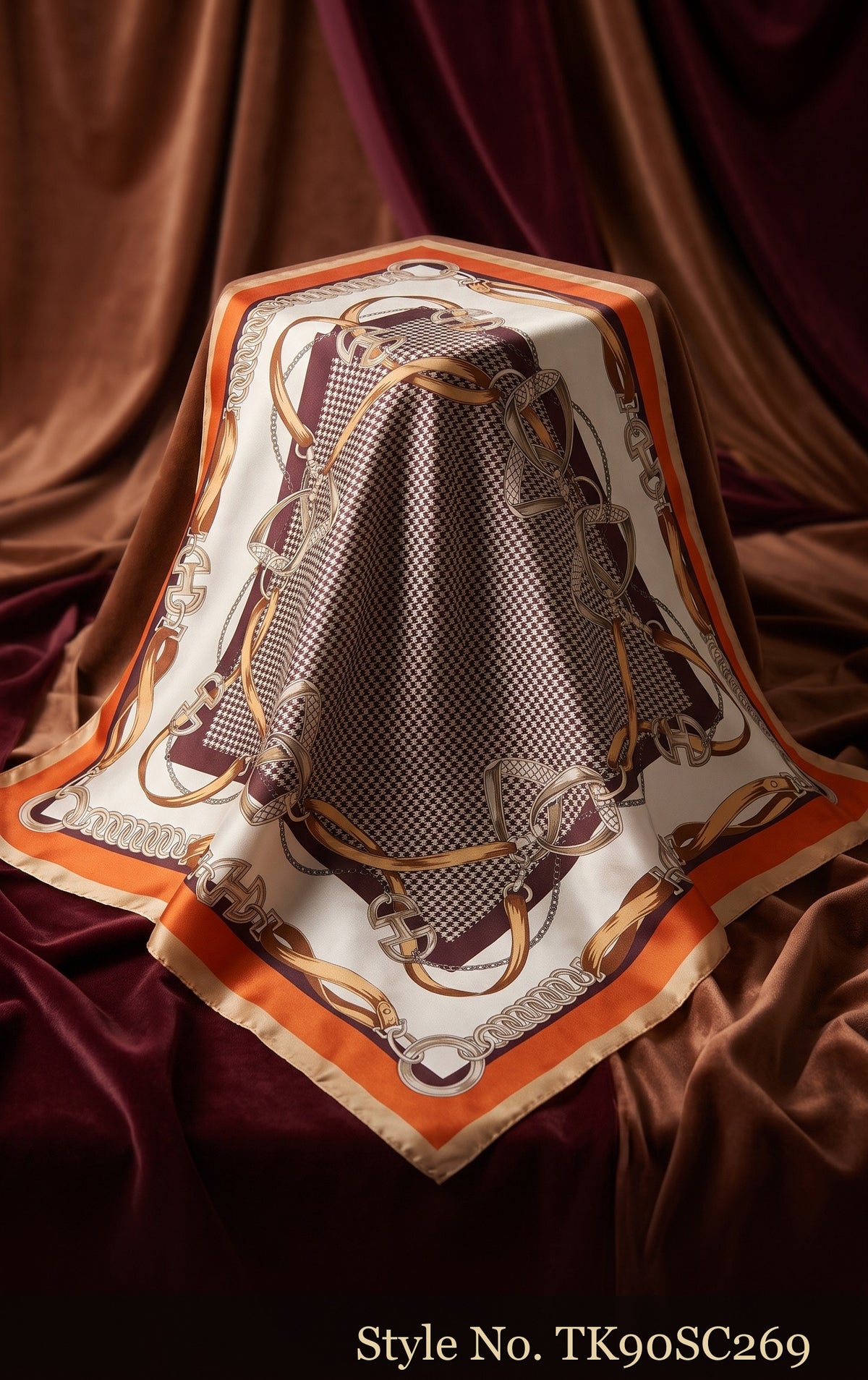 Grey Scarf with Gold Chain Details and Orange Ornamental Frame – TK90SC269
