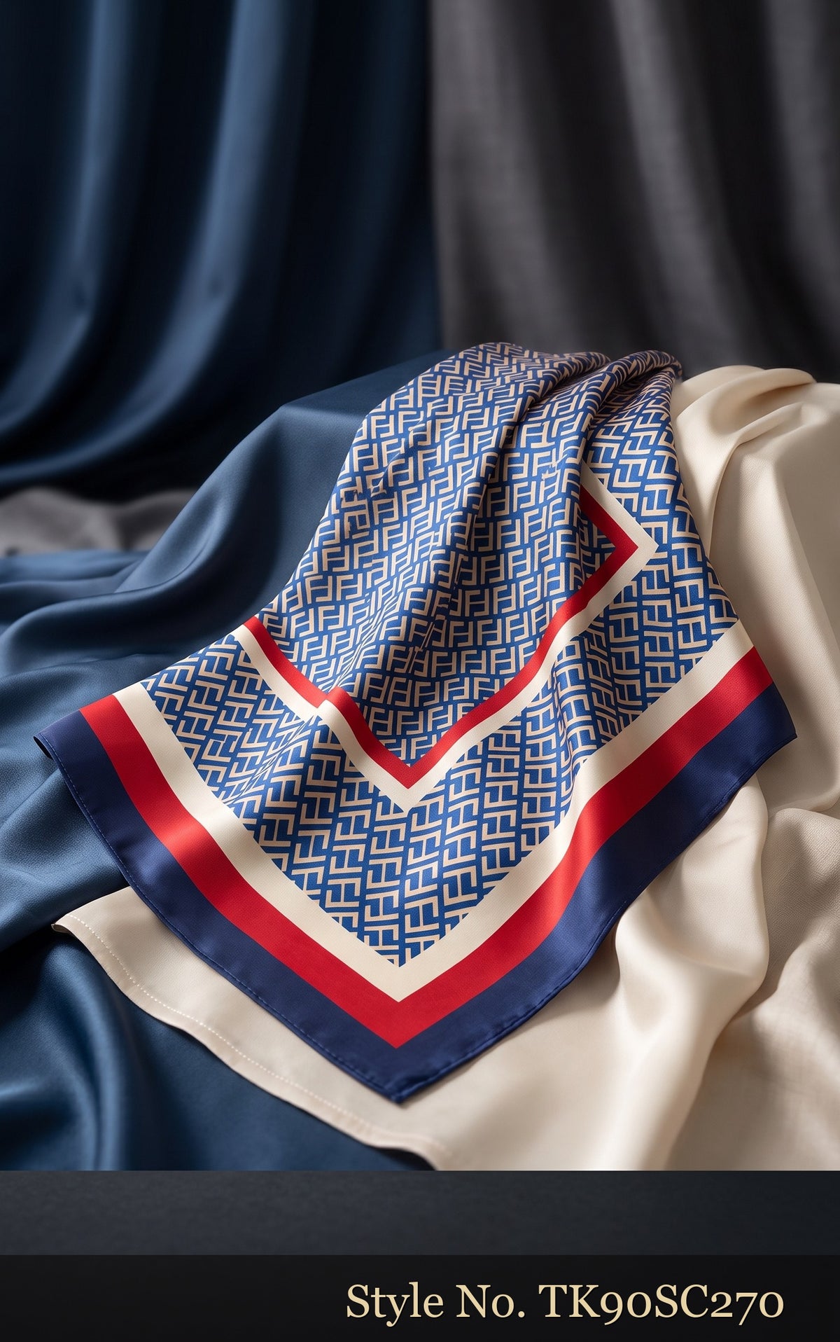 Black and White Geometric Scarf with Red and Navy Borders – TK90SC270