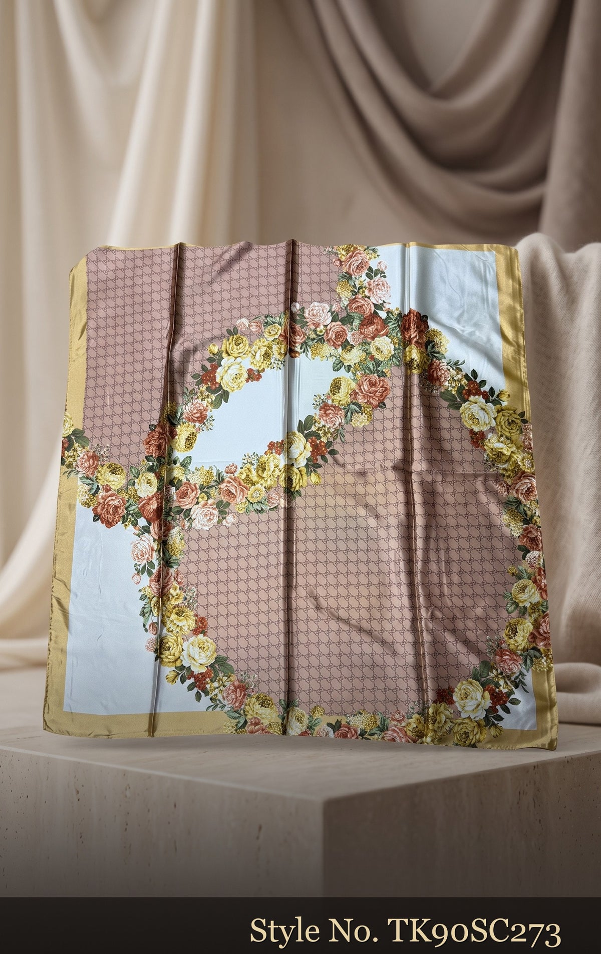 Beige Patchwork Scarf with Pastel Floral Panels – TK90SC273