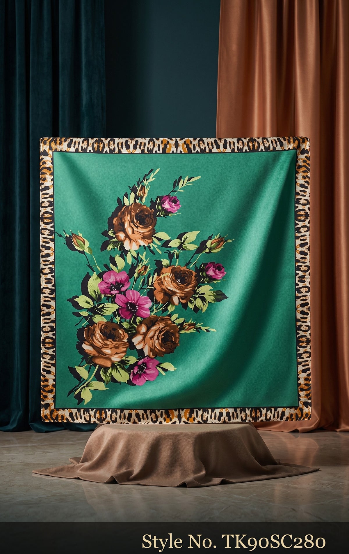 Teal Scarf with Multicolor Floral Bouquet – TK90SC280