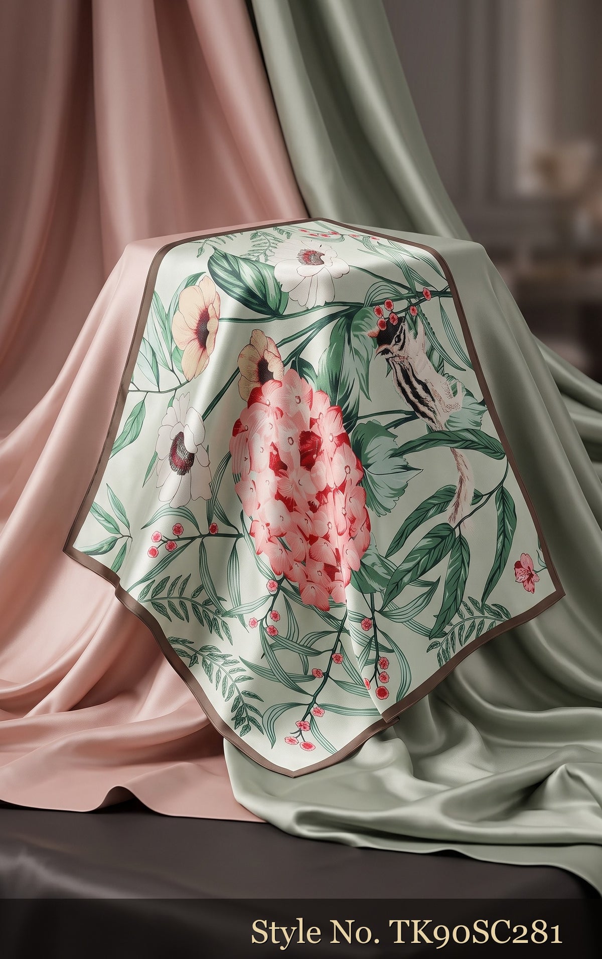 Ivory Scarf with Green Botanical Leaves and Pink Flower – TK90SC281