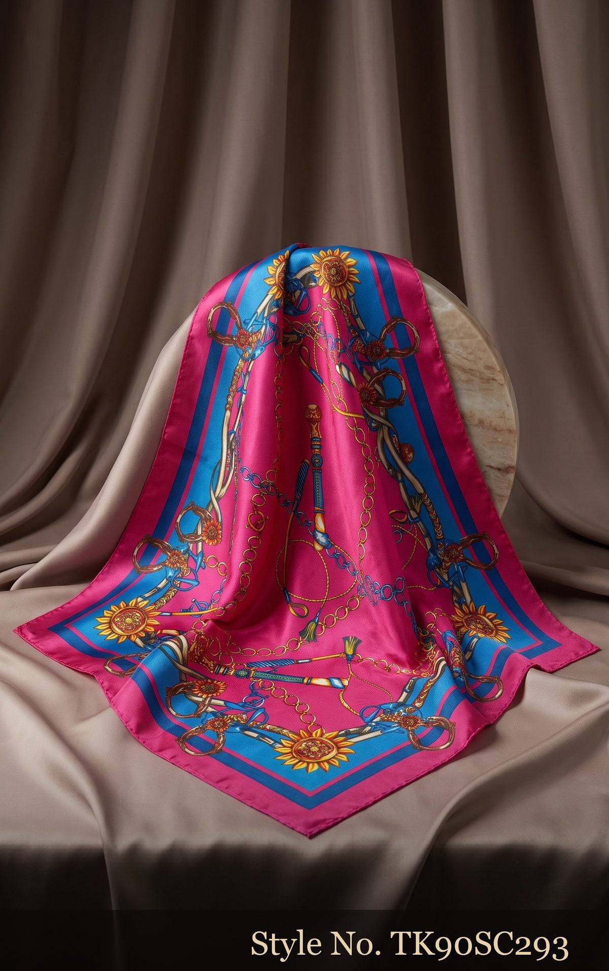 Fuchsia Scarf with Gold Chain Medallion and Blue Border – TK90SC293