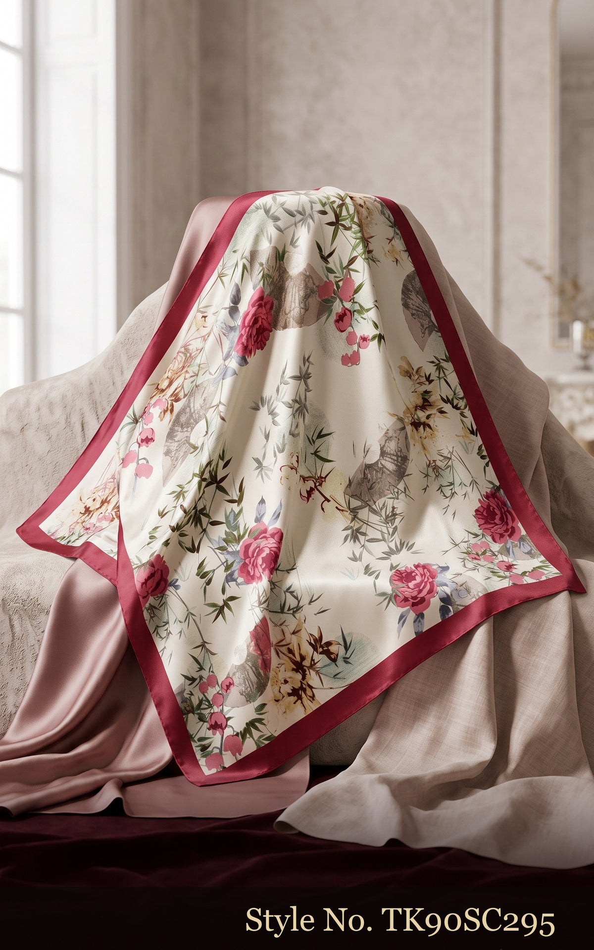 Ivory Scarf with Pink Rose Print and Burgundy Border – TK90SC295