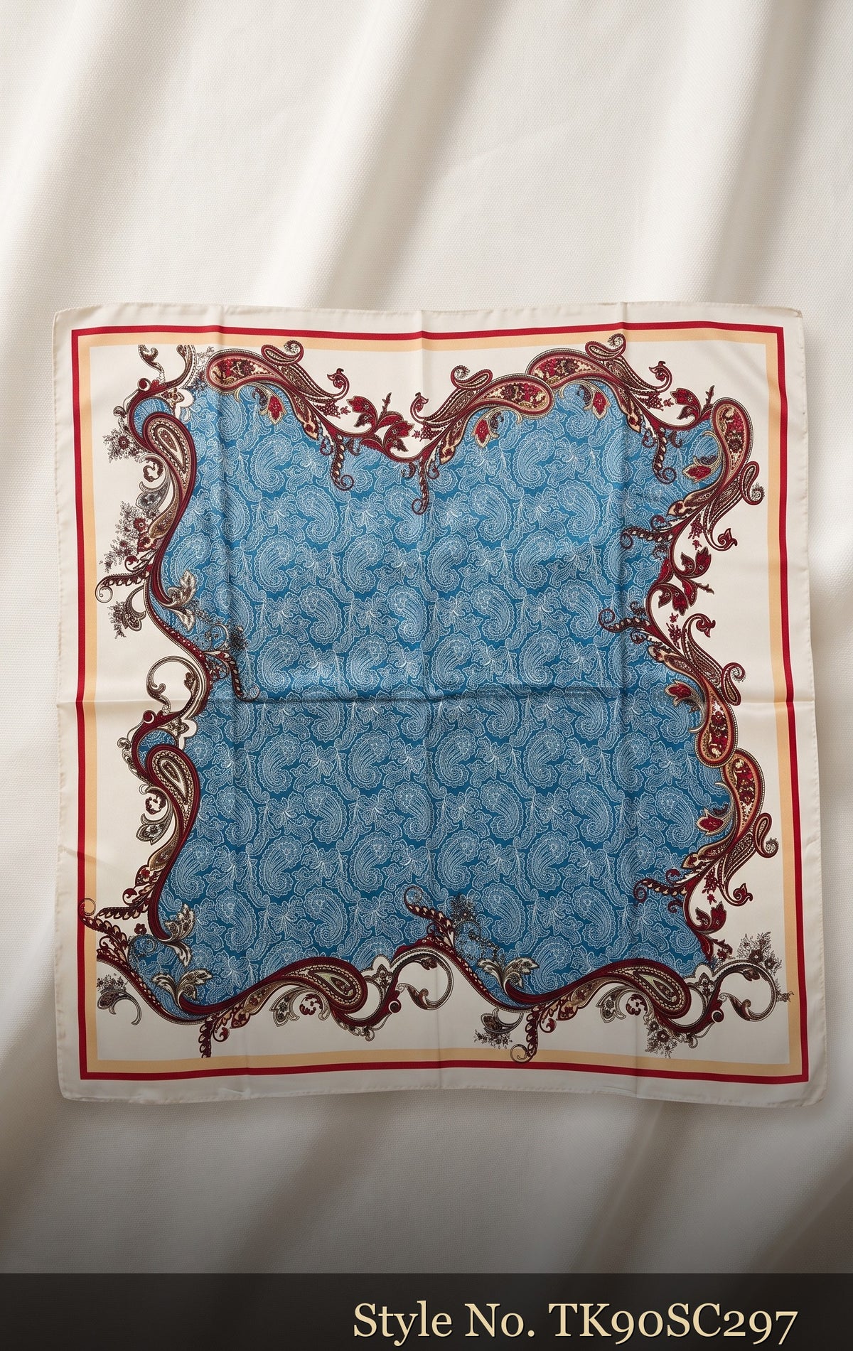 Blue Scarf with Ornate Ivory and Burgundy Frame – TK90SC297