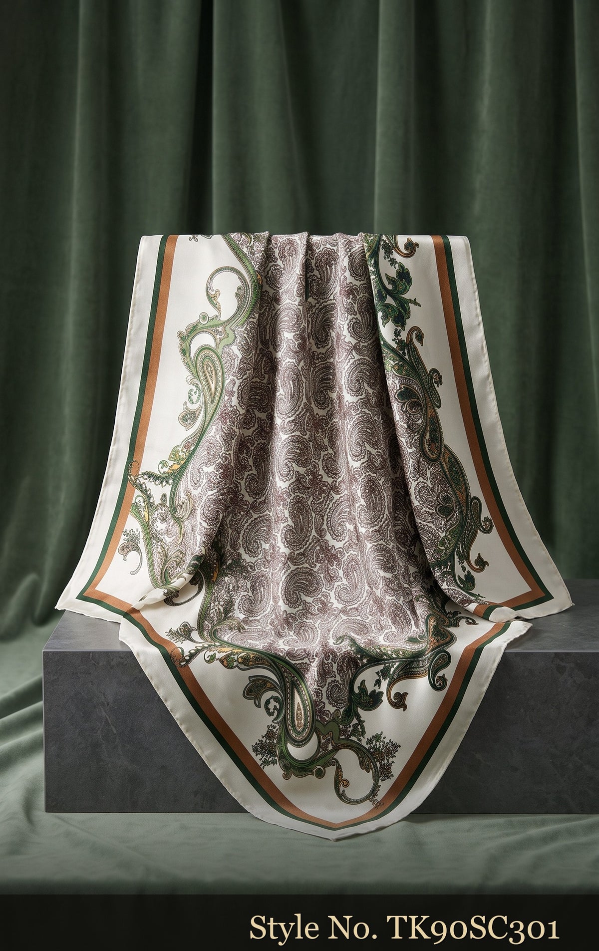 Grey Scarf with Ivory Baroque Pattern and Green Details – TK90SC301