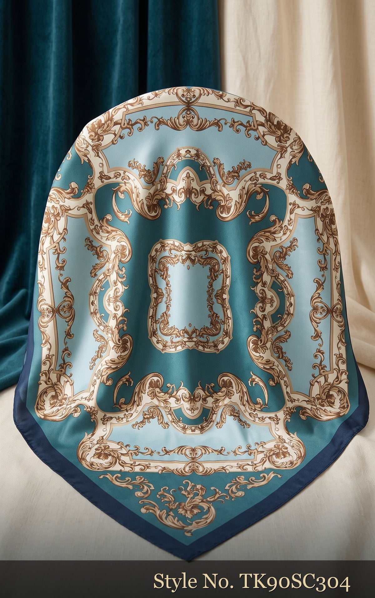 Sky Blue Scarf with Ivory and Gold Chain Frame – TK90SC304