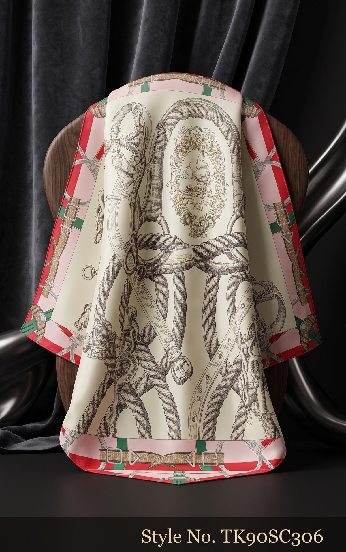 Ivory Scarf with Grey Botanical Line Art and Red Green Border – TK90SC306