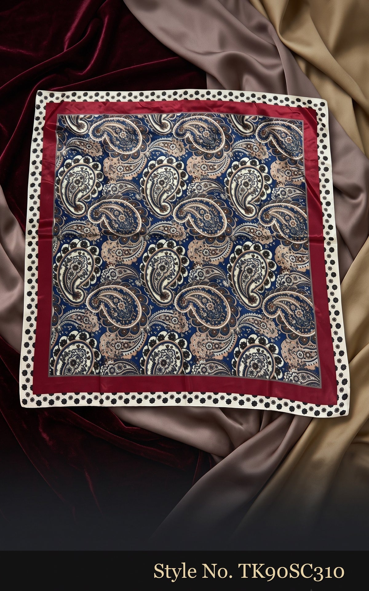 Navy Scarf with Gold Paisley Medallions and Ivory Border – TK90SC310