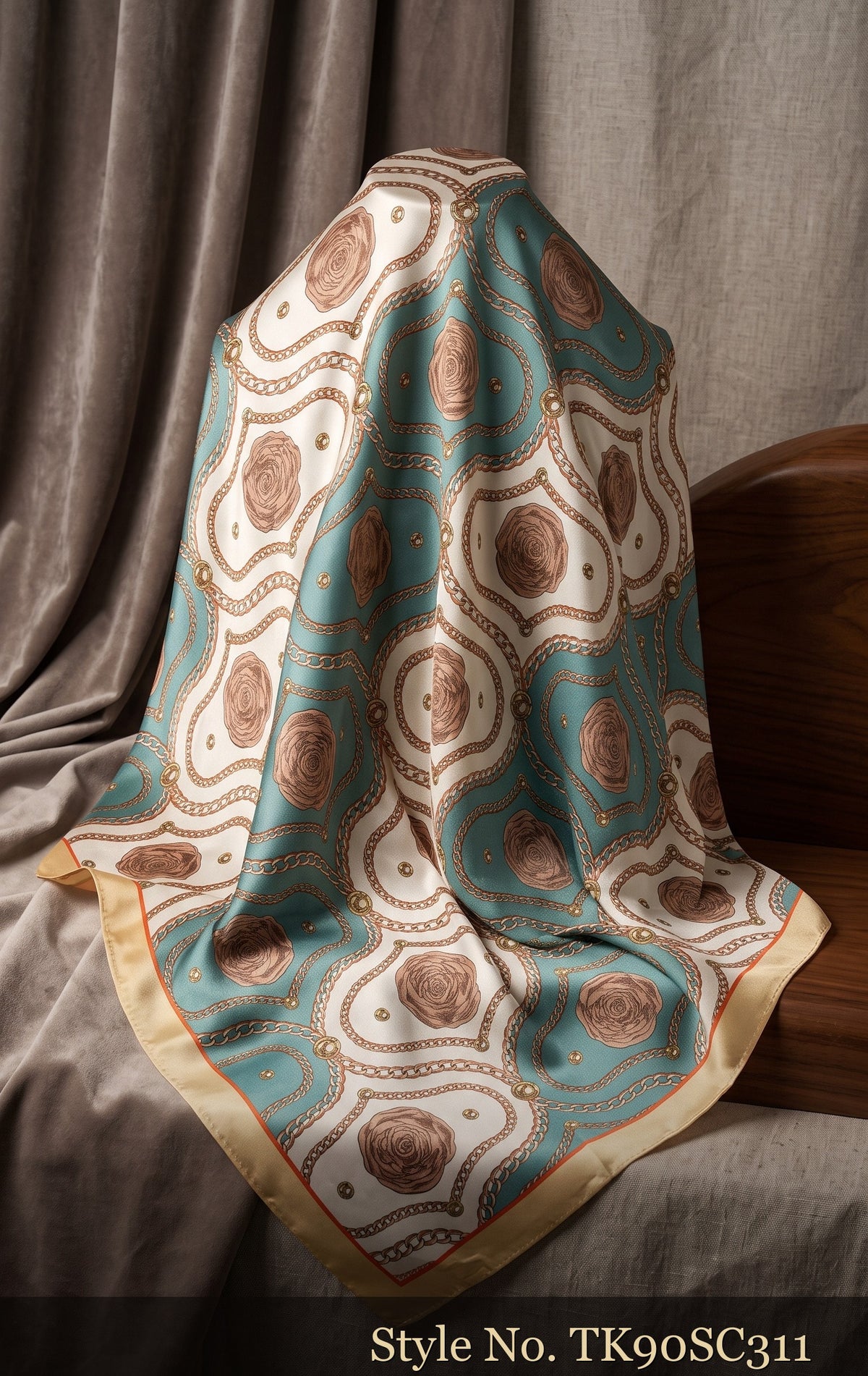 Turquoise Scarf with Ivory and Tan Oval Medallions – TK90SC311
