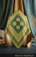 Olive Scarf with Teal Medallion Center and Geometric Border – TK90SC316