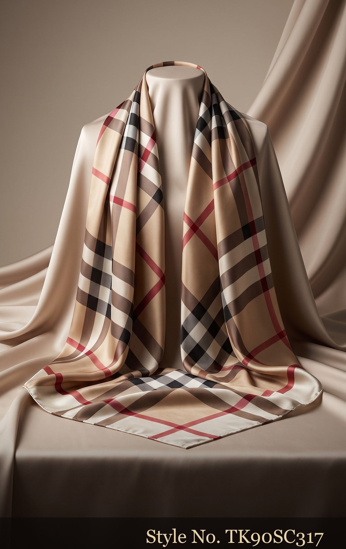 Beige Plaid Scarf with Red and Navy Check Lines – TK90SC317