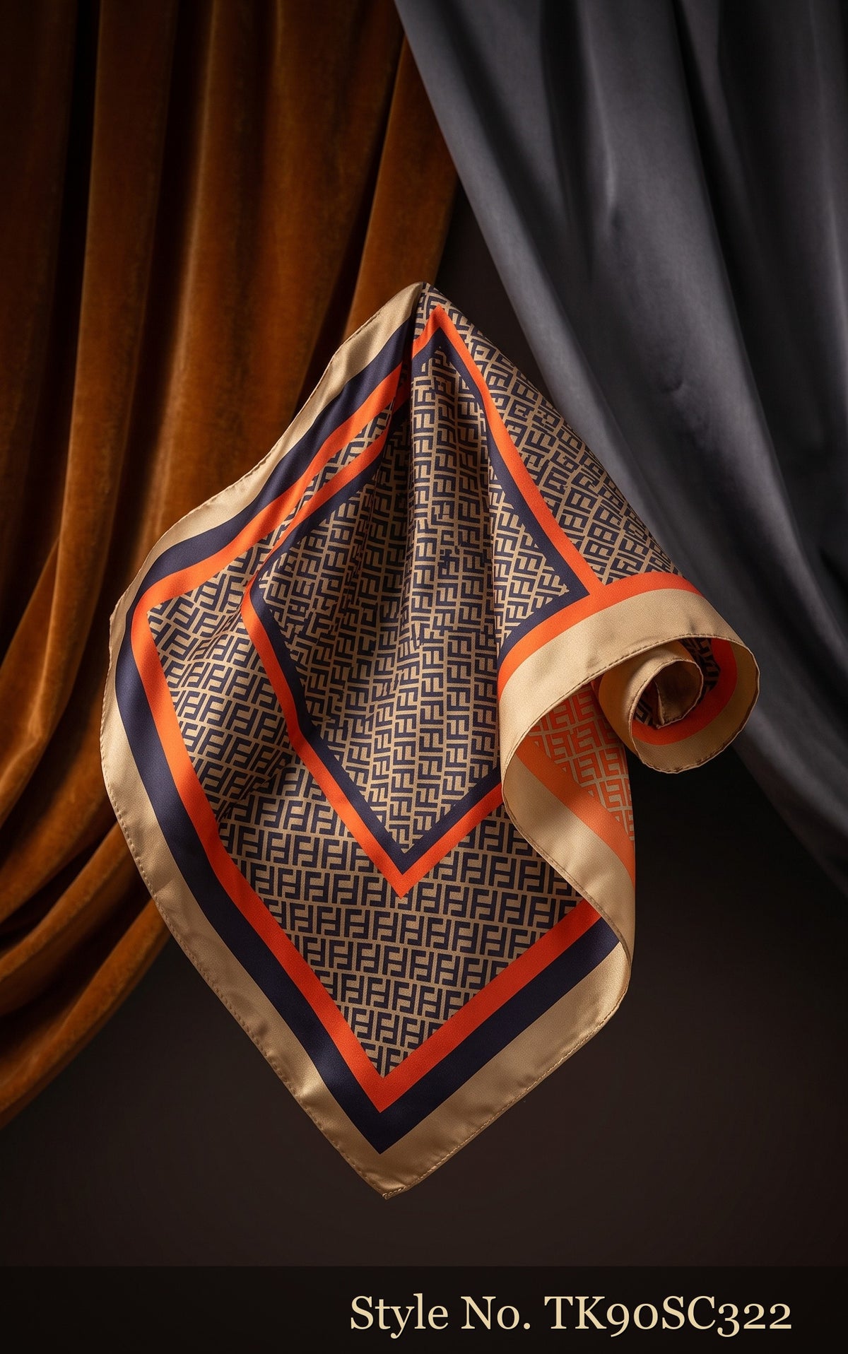 Grey and Orange Scarf with Concentric Square Borders – TK90SC322