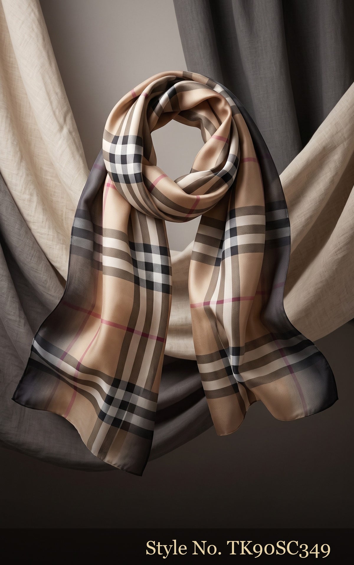 Beige Plaid Scarf with Navy and Black Lines – TK90SC349