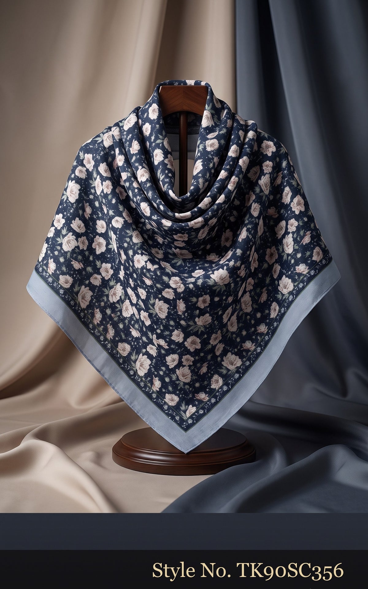 Navy Scarf with Dense Ivory Floral Tile Pattern – TK90SC356