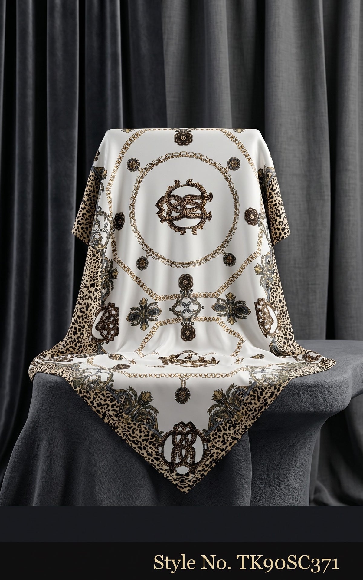 Ivory Scarf with Repeating Grey Medallions – TK90SC371