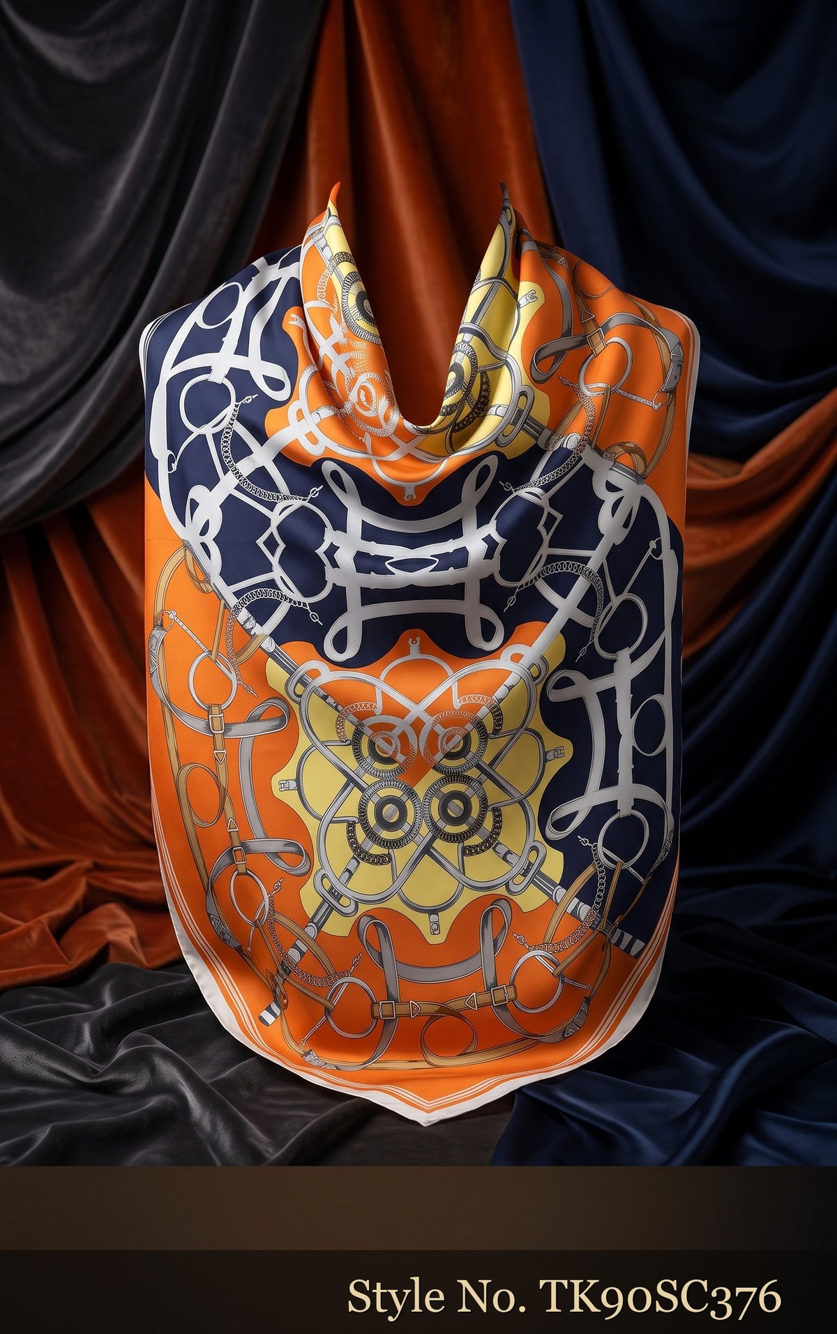 Orange, Navy and Ivory Abstract Geometric Scarf – TK90SC376