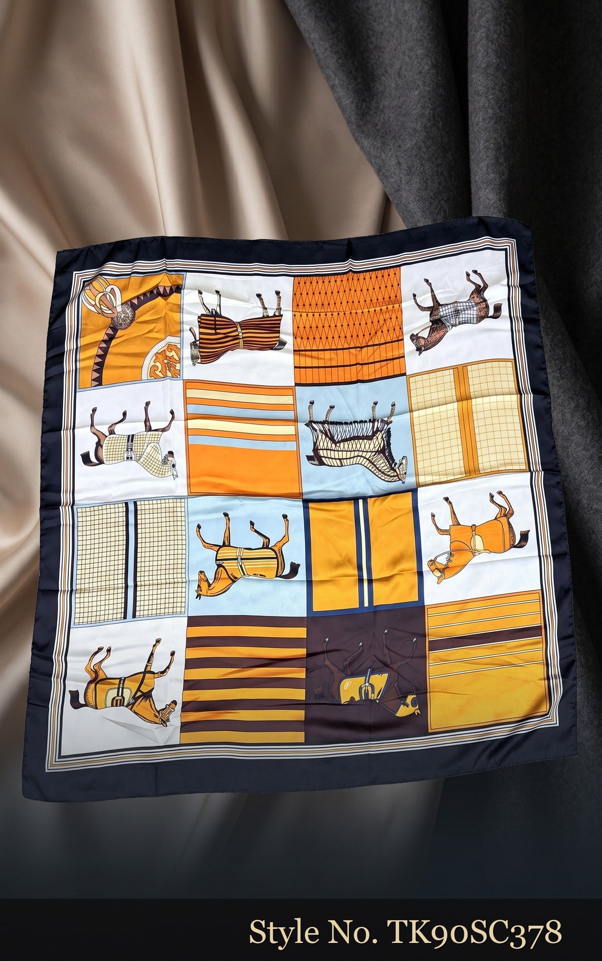 Yellow and Cream Patchwork Scarf with Equestrian Illustrations – TK90SC378