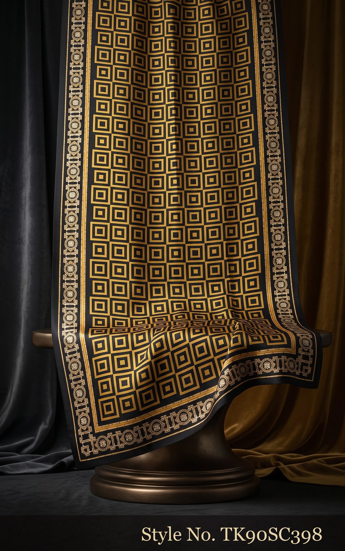 Olive Scarf with Fine Geometric Border Bands – TK90SC398