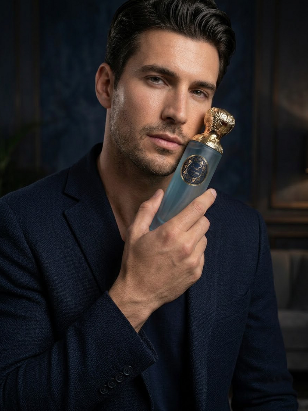 Eau De Parfum Spray, Fluted Teal Glass with Ornate Gold Cap