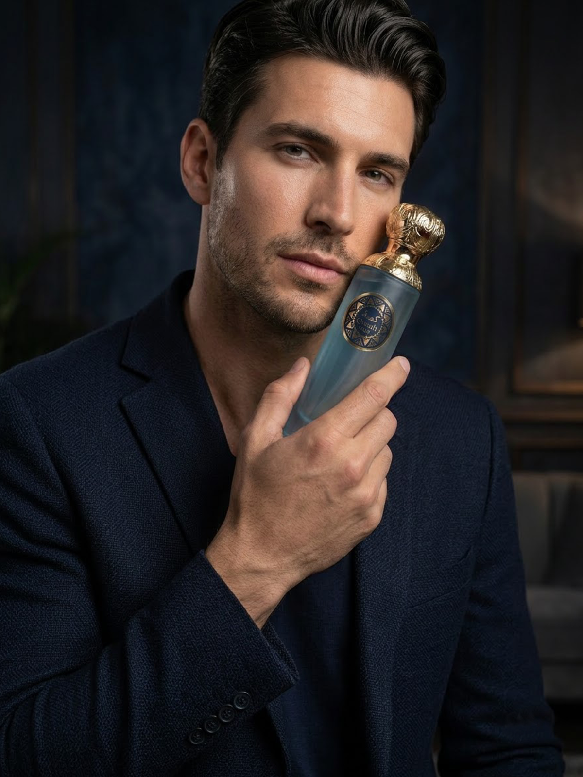 Eau De Parfum Spray, Fluted Teal Glass with Ornate Gold Cap