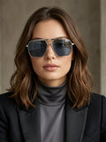Silver and Black Geometric Square Navigator Sunglasses