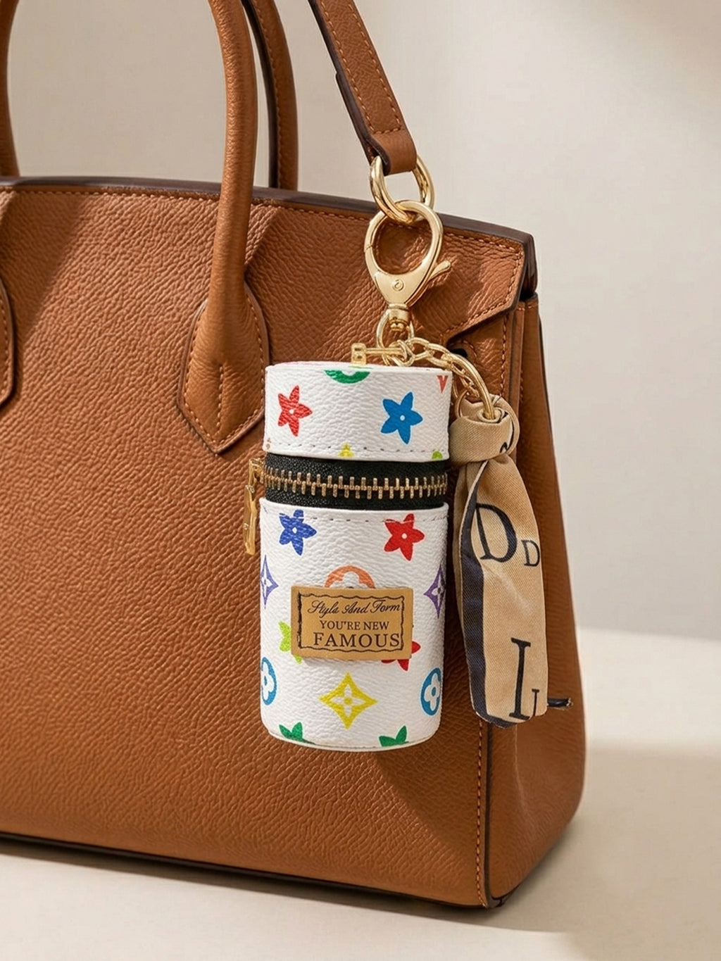 White cylindrical mini pouch with colorful star pattern Keychain | KCIN152