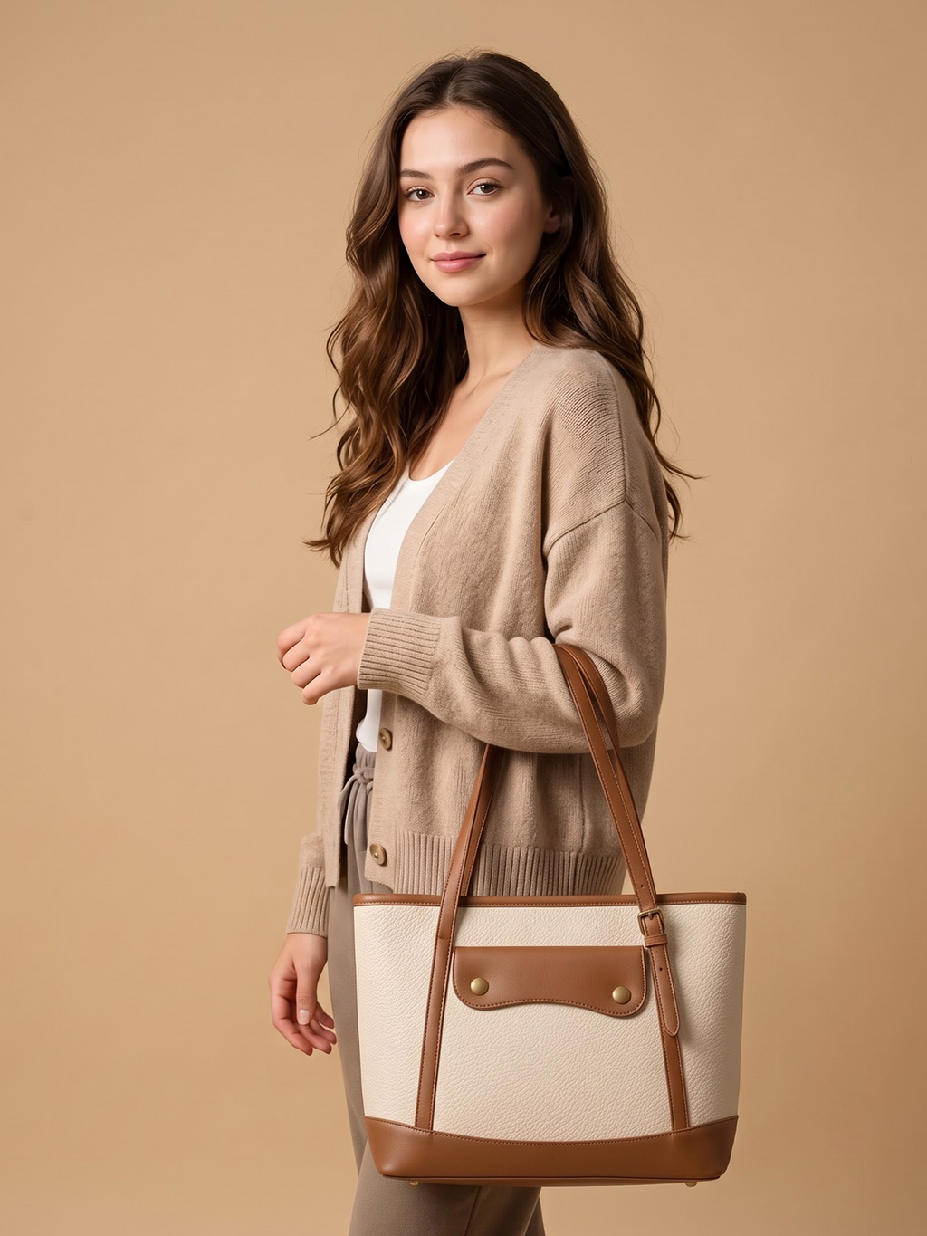 Cream and Brown Panel Tote | BAGZZ019