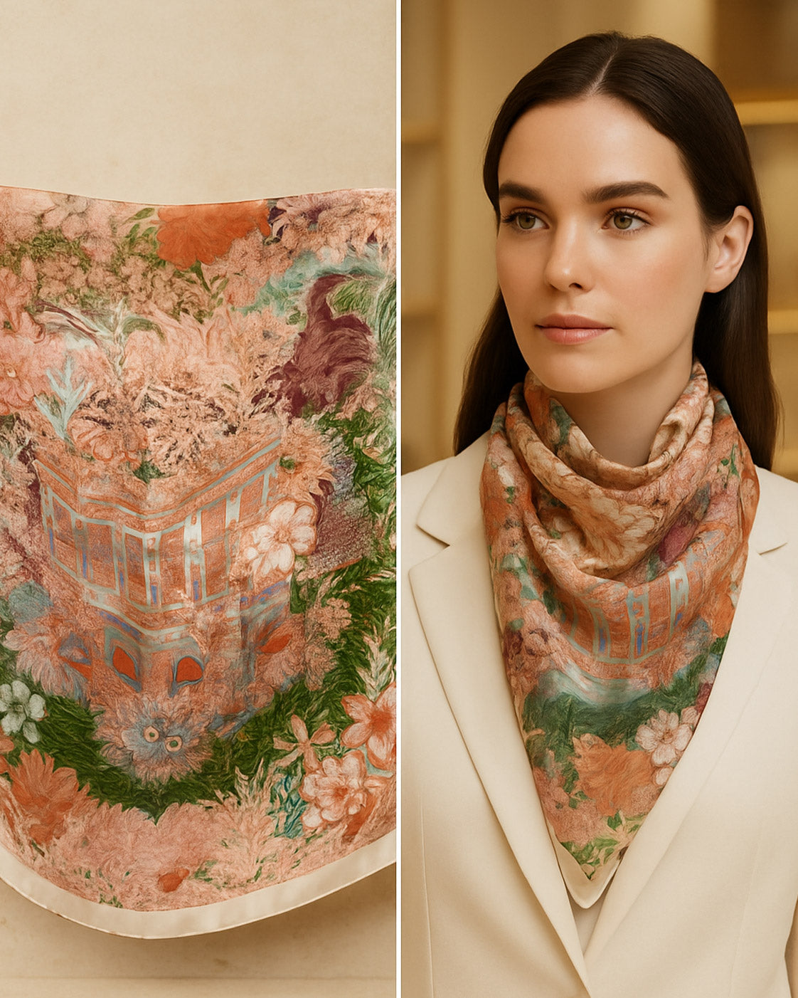 Peach and Green Floral Garden Landscape Silk Satin Square Scarf