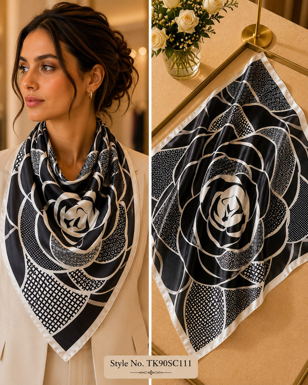 Black and White Graphic Rose Silk Satin Square Scarf
