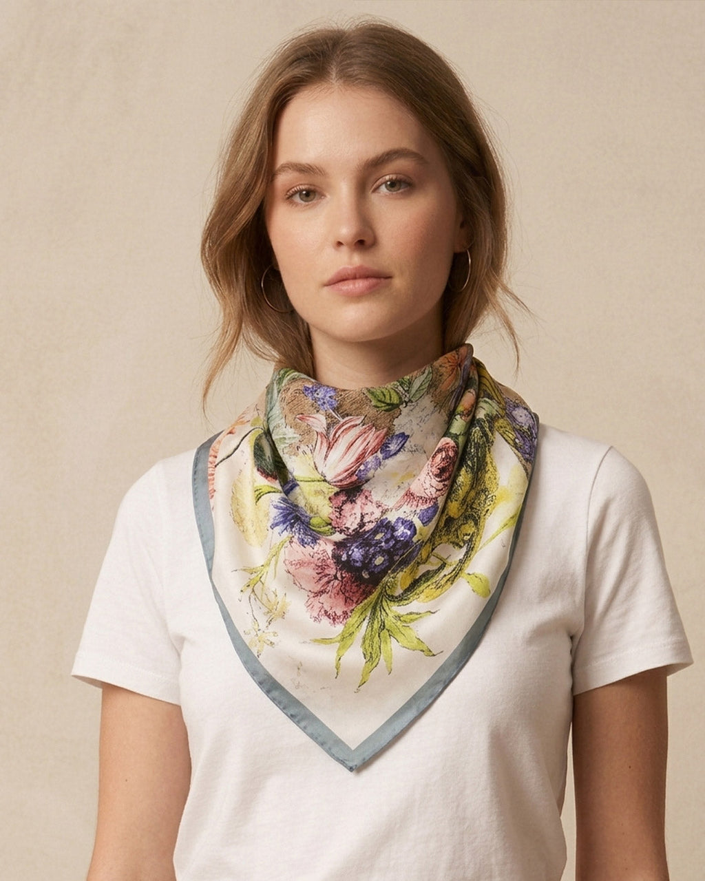 Floral Garden Print Silk Scarf with Blue Border