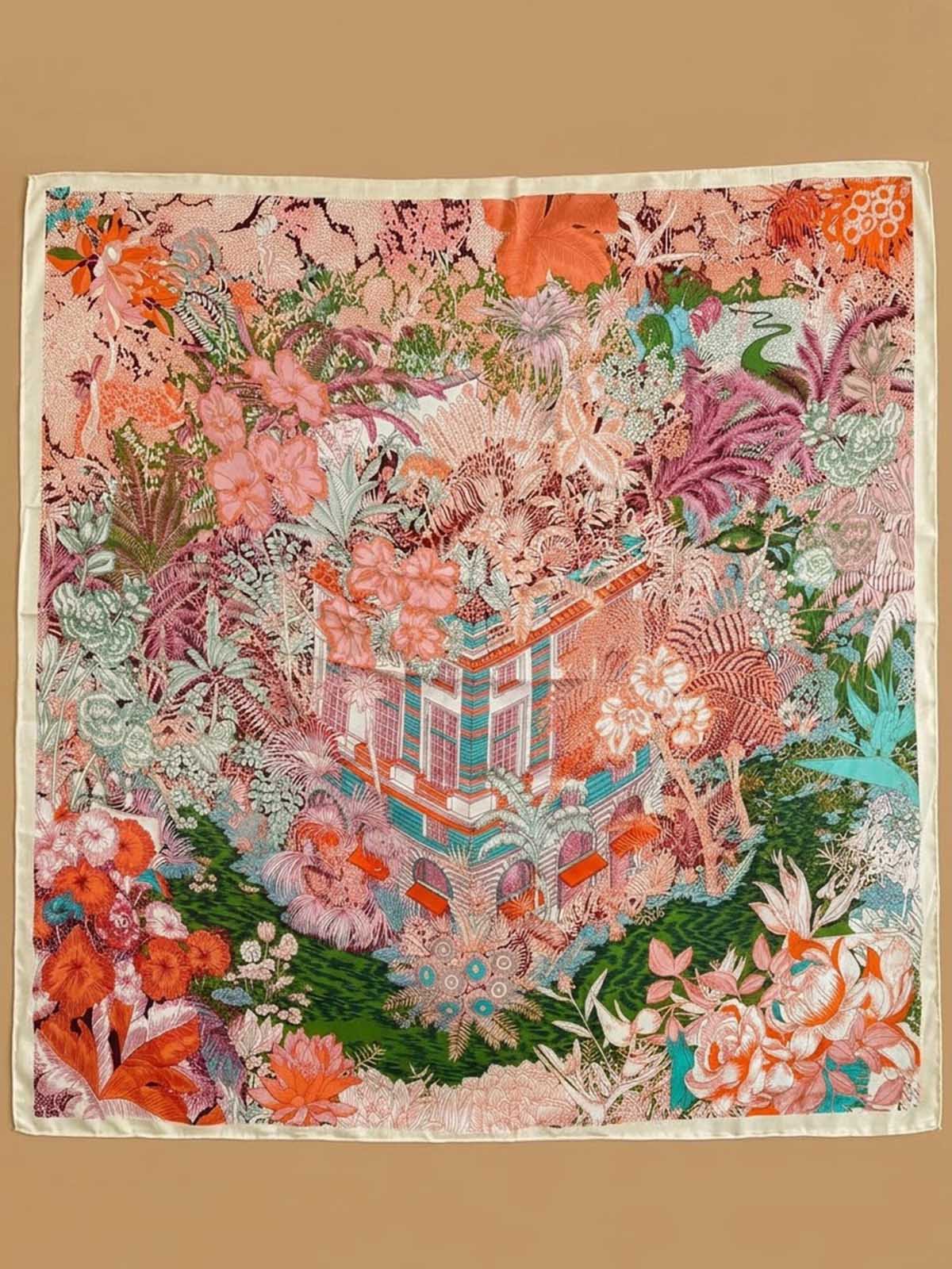 Square Architectural Pavilion and Floral Garden Scarf with Light Border Frame