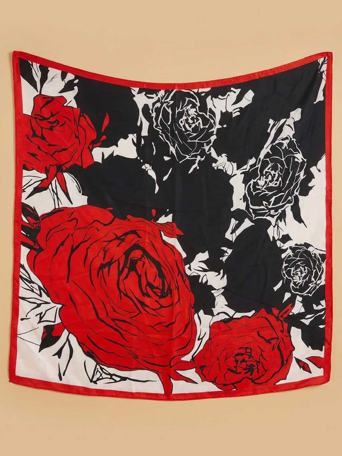 Large Rose Floral Scarf in Black, Red & Ivory – TK90SC152