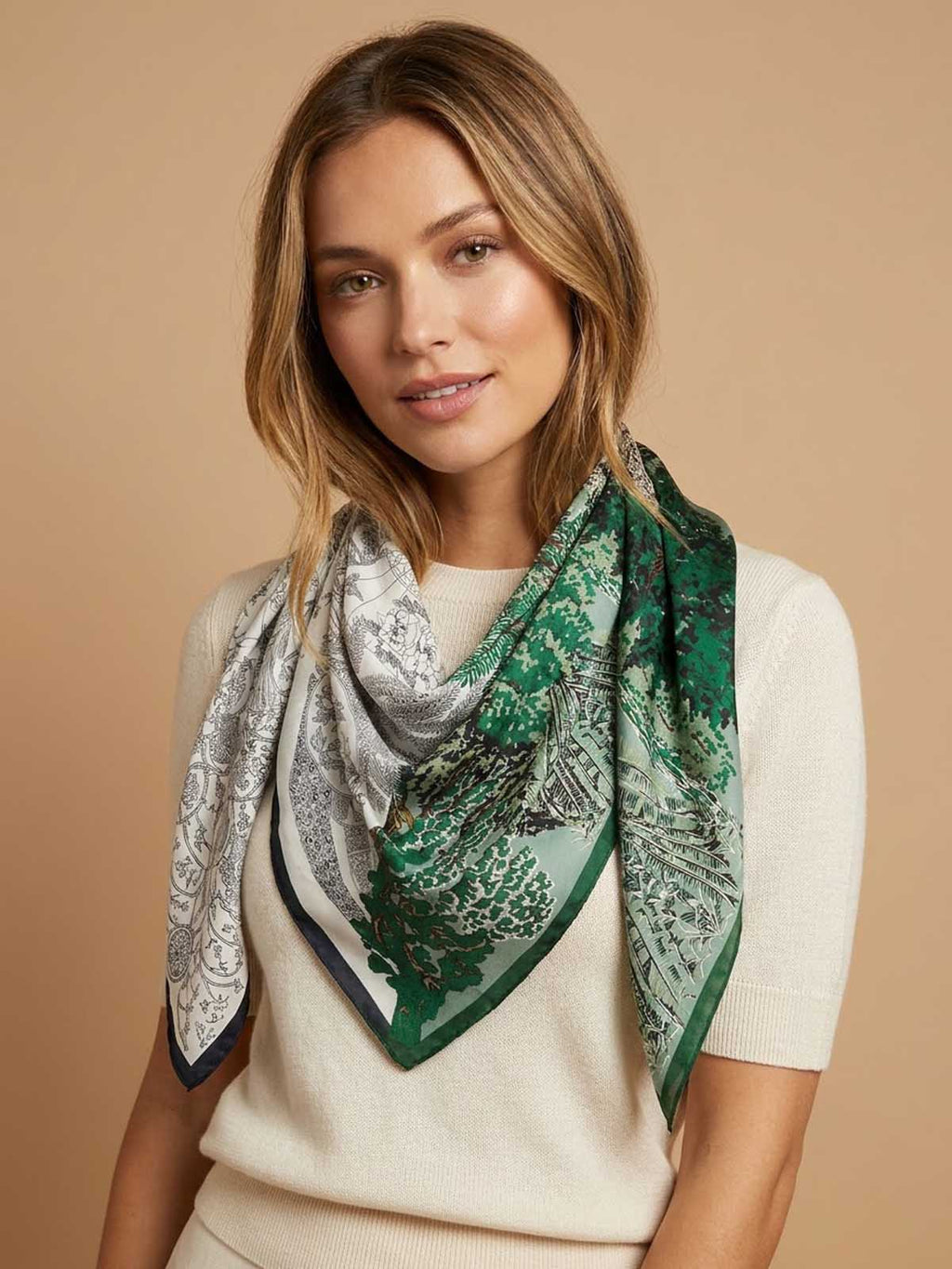 Square Diagonal Split Botanical and Line-Art Landscape Scarf with Framed Edge