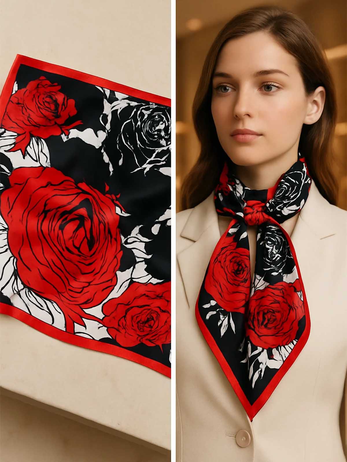 Large Rose Floral Scarf in Black, Red & Ivory – TK90SC152