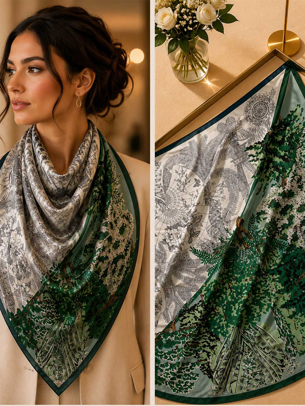 Square Diagonal Split Botanical and Line-Art Landscape Scarf with Framed Edge