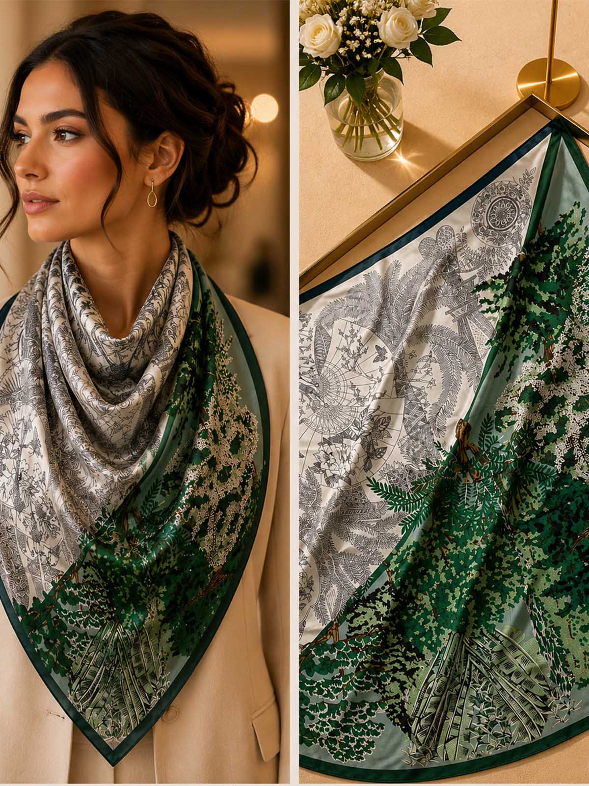Square Diagonal Split Botanical and Line-Art Landscape Scarf with Framed Edge