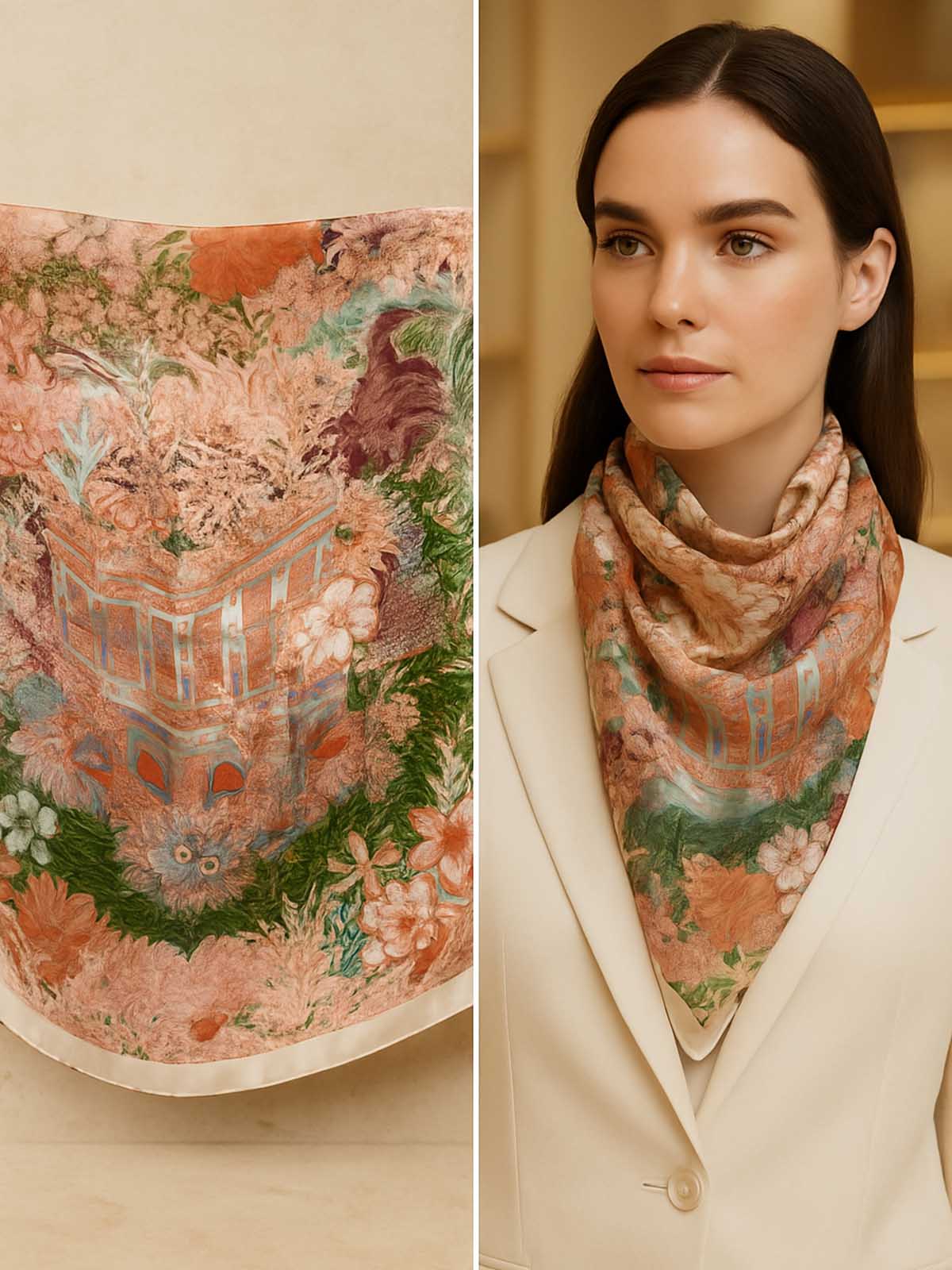 Square Architectural Pavilion and Floral Garden Scarf with Light Border Frame