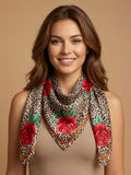 Square Leopard and Rose Print Scarf with Contrast Border Frame