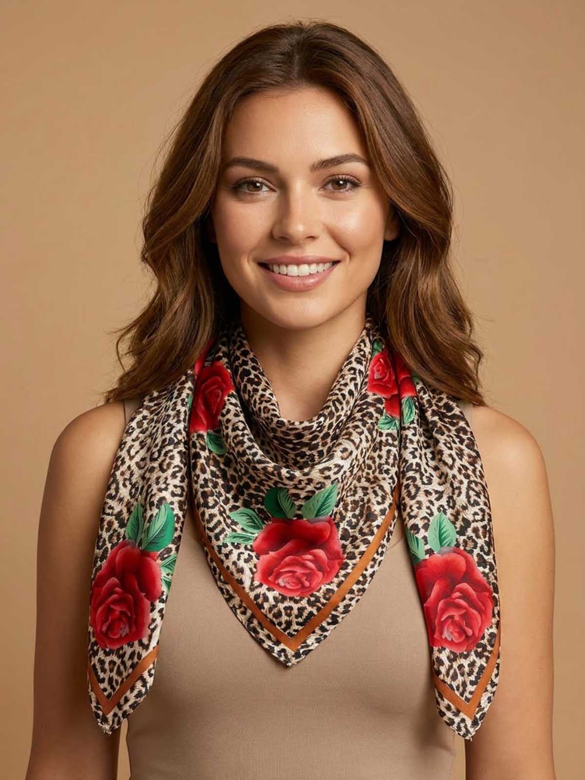 Square Leopard and Rose Print Scarf with Contrast Border Frame
