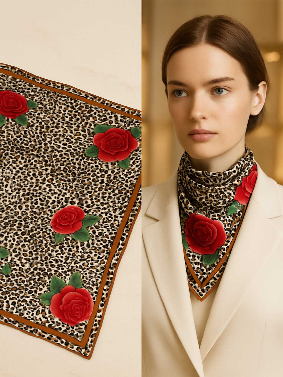 Square Leopard and Rose Print Scarf with Contrast Border Frame