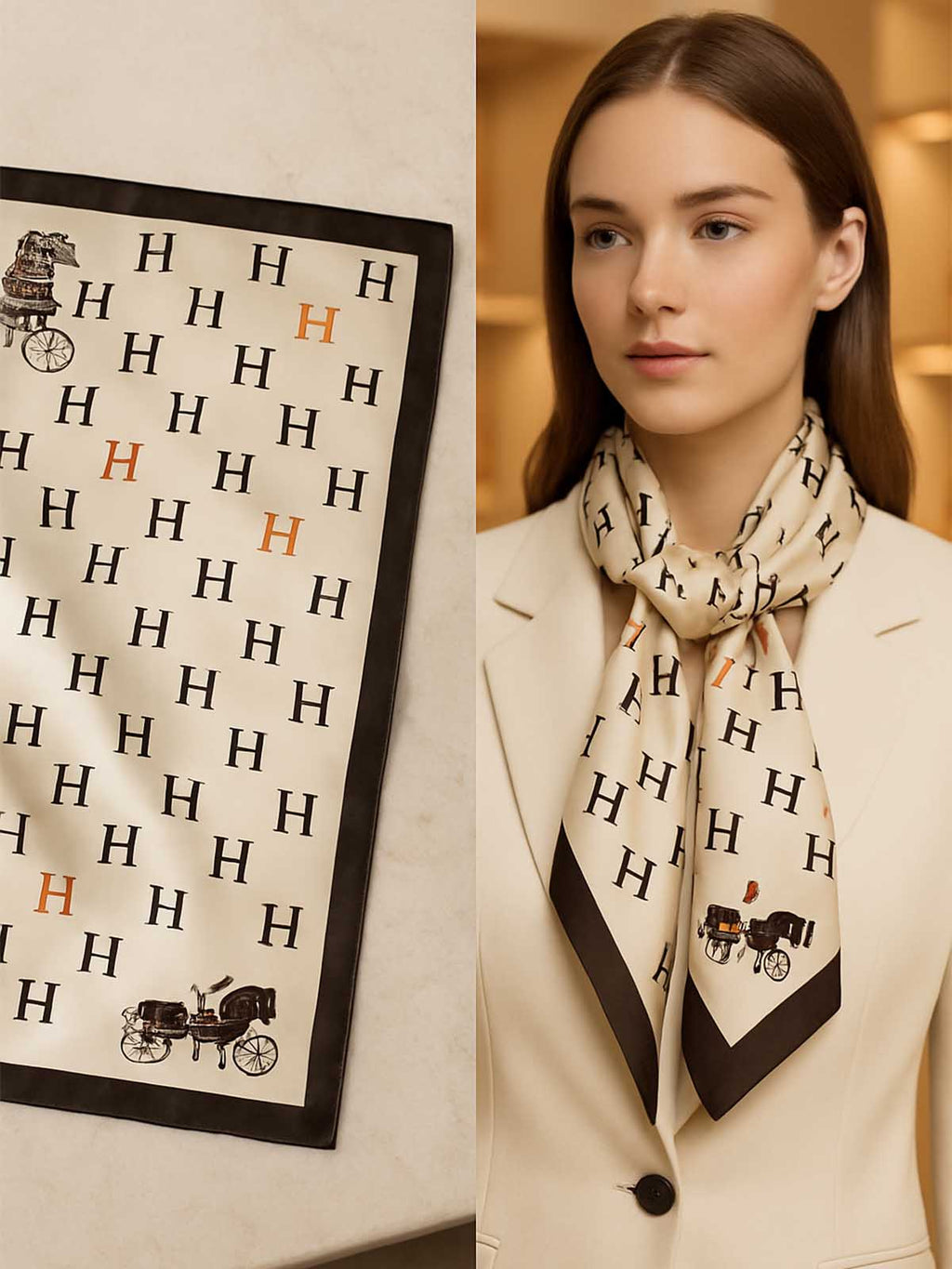Square Cream Typographic Scarf with Contrast Corner Carriage Motifs