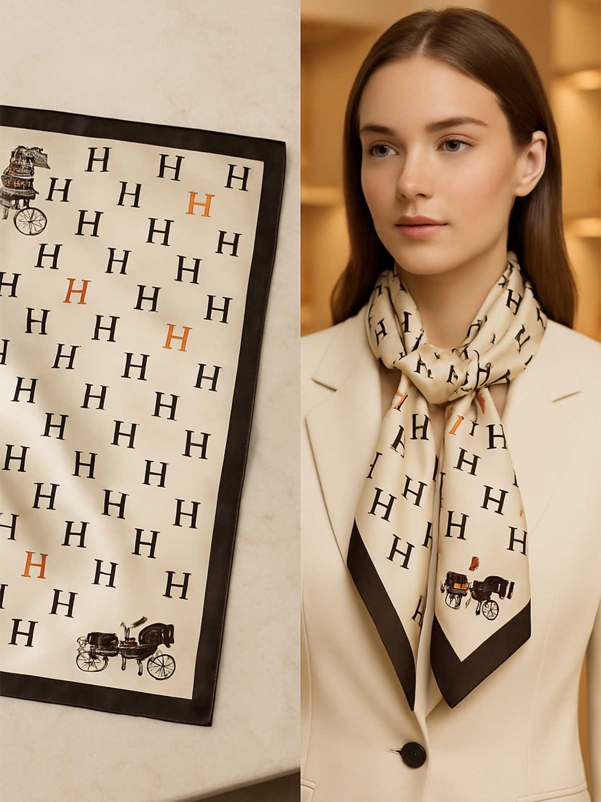 Square Cream Typographic Scarf with Contrast Corner Carriage Motifs